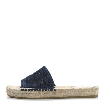 Gucci Denim Crystals GG Monogram Espadrille 20mm Slide Sandals 37.5 Denim 1 of 9