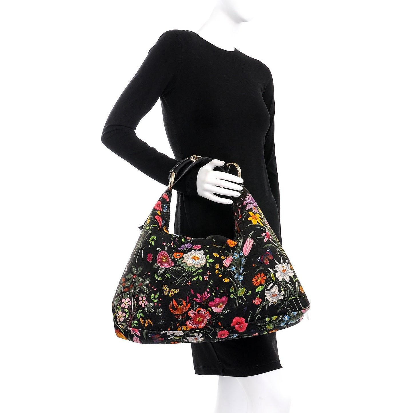 Canvas Flora Floral Large Horsebit Chain Hobo Black