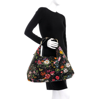 Gucci Canvas Flora Floral Large Horsebit Chain Hobo Black 2 of 13