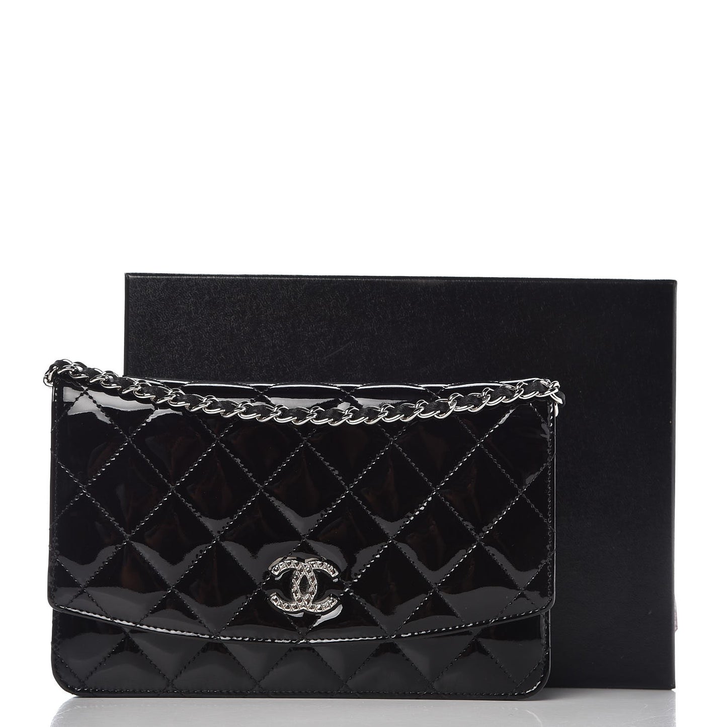 Patent Quilted Brilliant Wallet On Chain WOC Black
