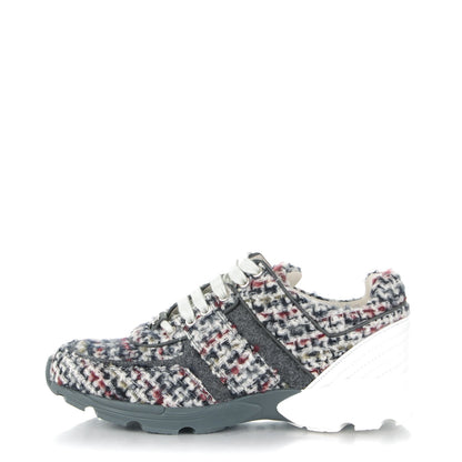Chanel Tweed Calfskin Sneakers 38 Ecru Navy 1 of 7