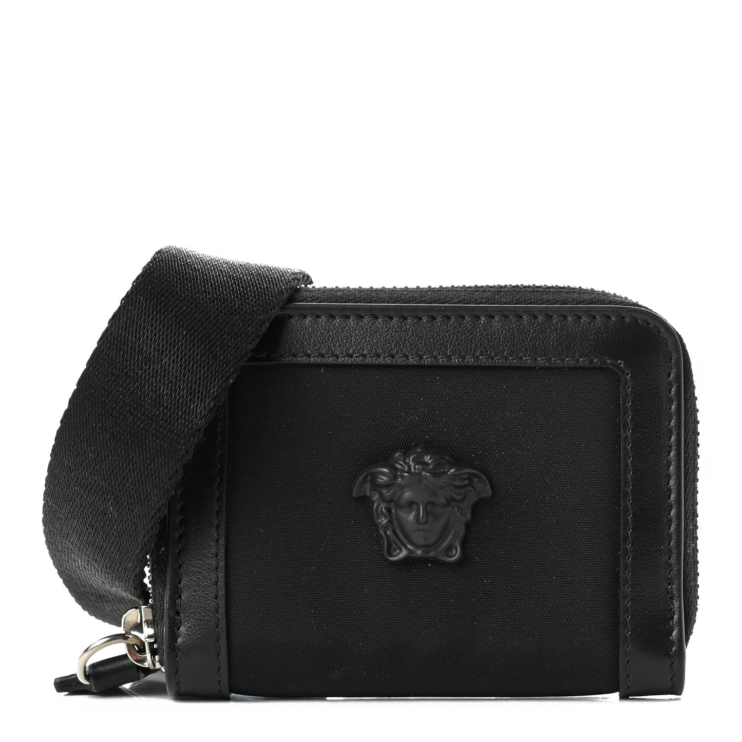 Calfskin Nylon La Medusa Zip Around Lanyard Wallet Black