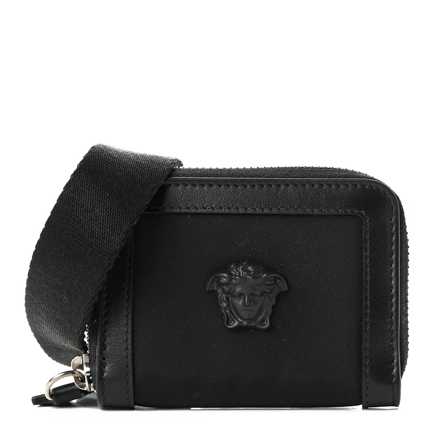Versace Calfskin Nylon La Medusa Zip Around Lanyard Wallet Black 1 of 7
