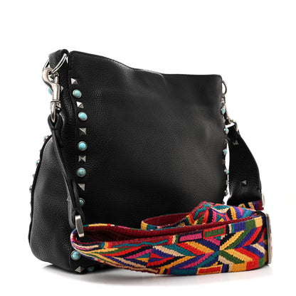 Valentino Garavani Pebbled Calfskin Tribal Small Guitar Strap Rockstud Rolling Flip-Lock Messenger Bag Black 3 of 9