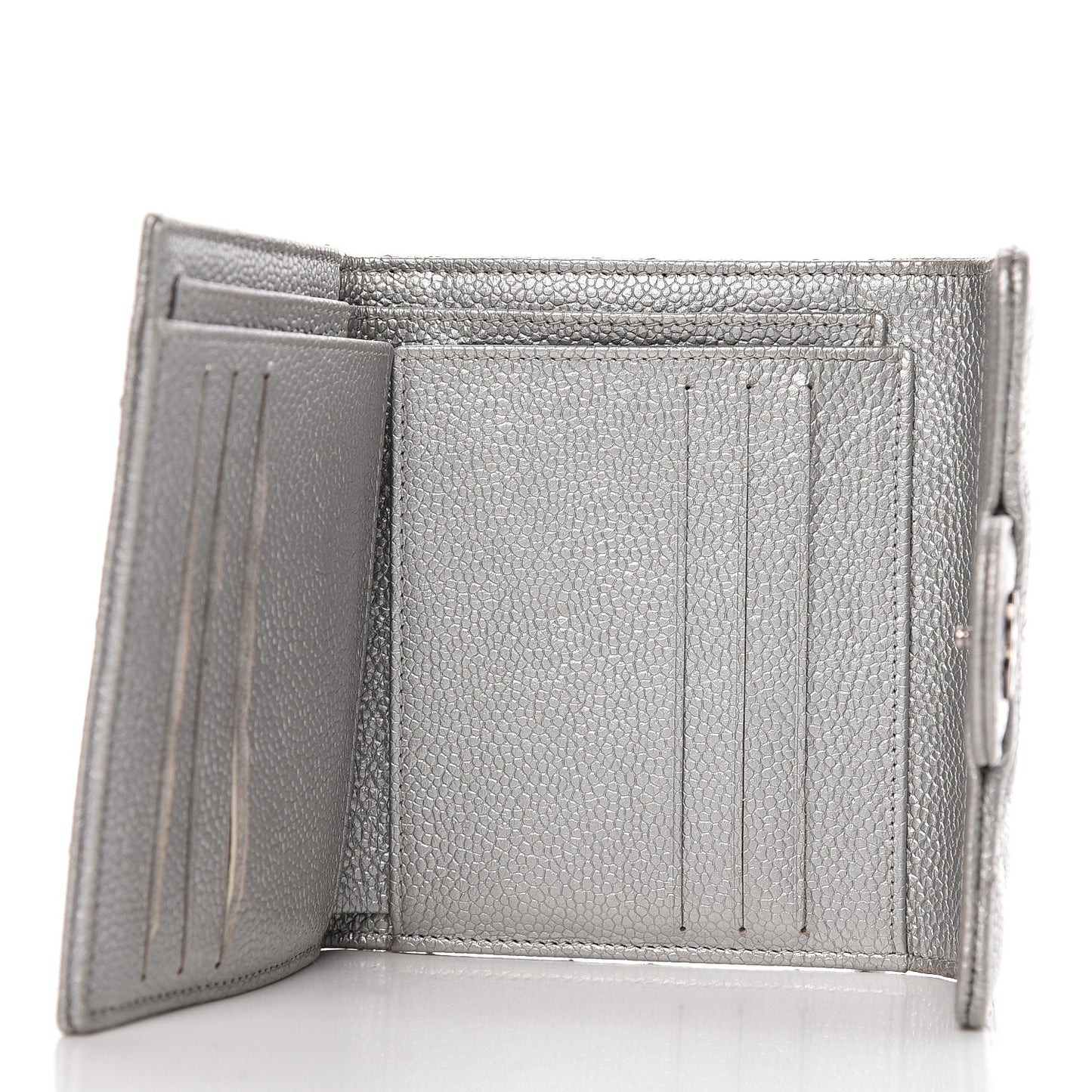 Metallic Caviar Quilted Compact Flap Wallet Silver