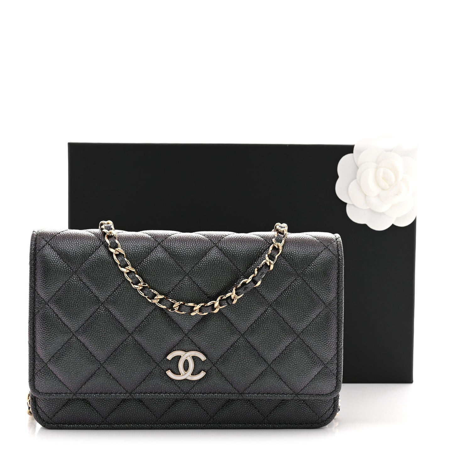 Iridescent Caviar Quilted Wallet on Chain WOC Dark Blue