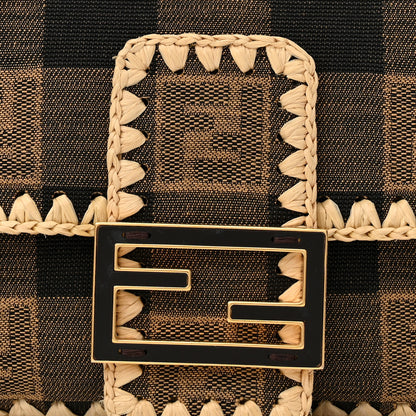 Fendi Fabric Jacquard Raffia Straw Pequin Gingham Woven Baguette Beige Black Natural 7 of 10