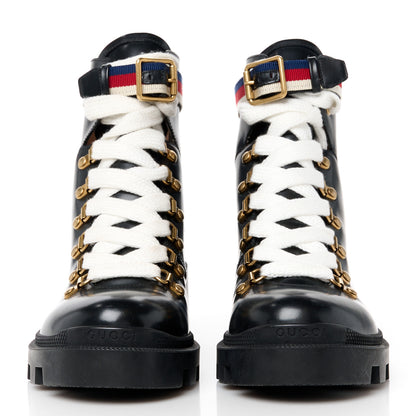 Gucci Calfskin Sylvie Web Womens Lace Up Combat Boots 37 Black 2 of 10