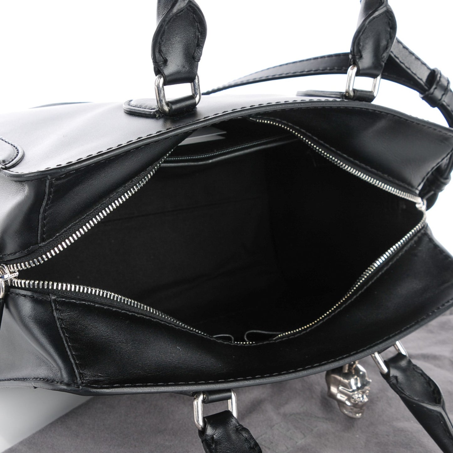 Smooth Calfskin Small Star Studded Skull Padlock Zip Around Tote Black