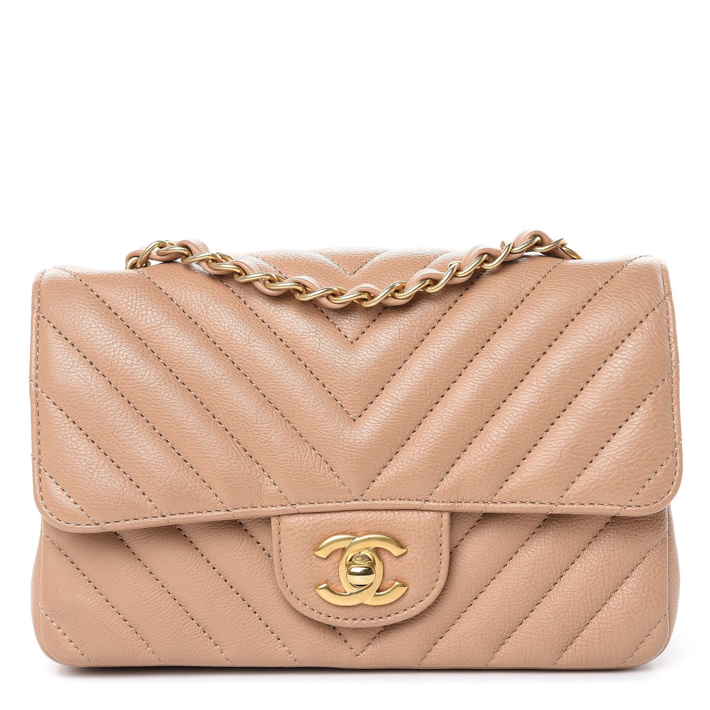 Calfskin Chevron Quilted Mini Rectangular Flap Dark Beige
