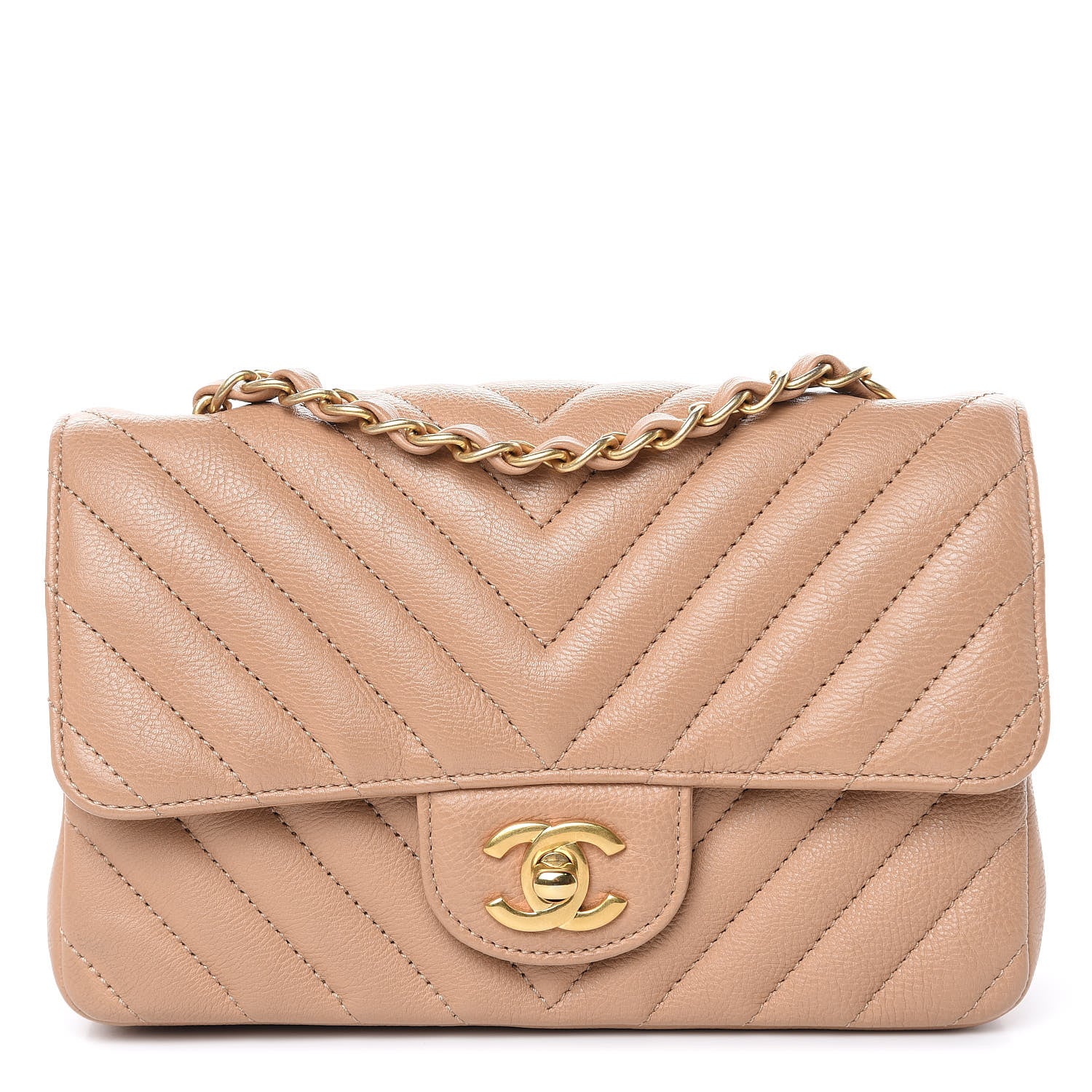 Chanel Calfskin Chevron Quilted Mini Rectangular Flap Dark Beige 1 of 11