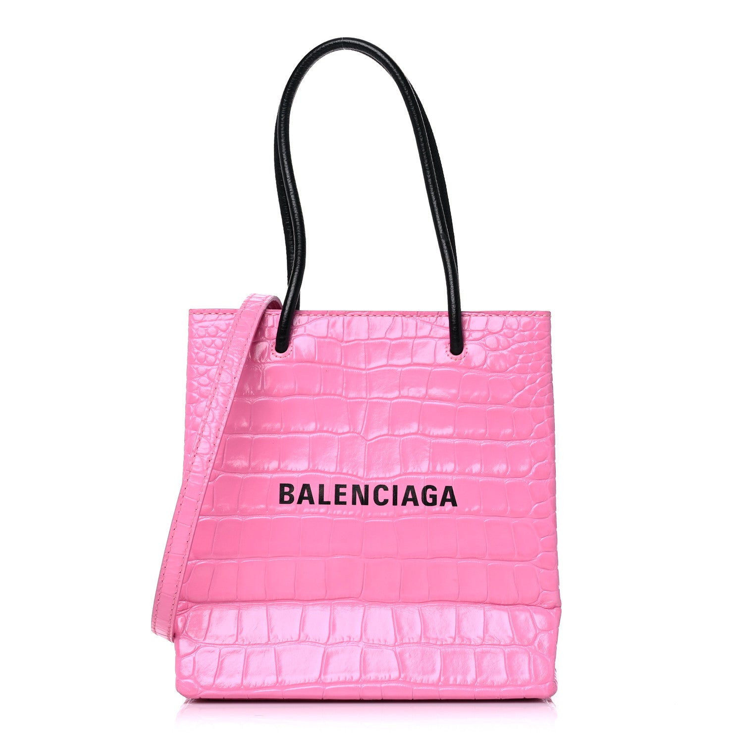Balenciaga Shiny Calfskin Logo Crocodile Embossed North South Shopper Tote XXS Rose Black 1 of 17