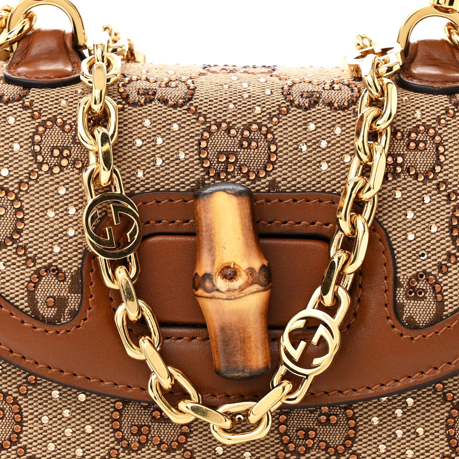 Gucci New Canvas Charisma Calfskin Crystal GG Monogram Small Bamboo 1947 Top Handle Bag Camel Ebony 8 of 11
