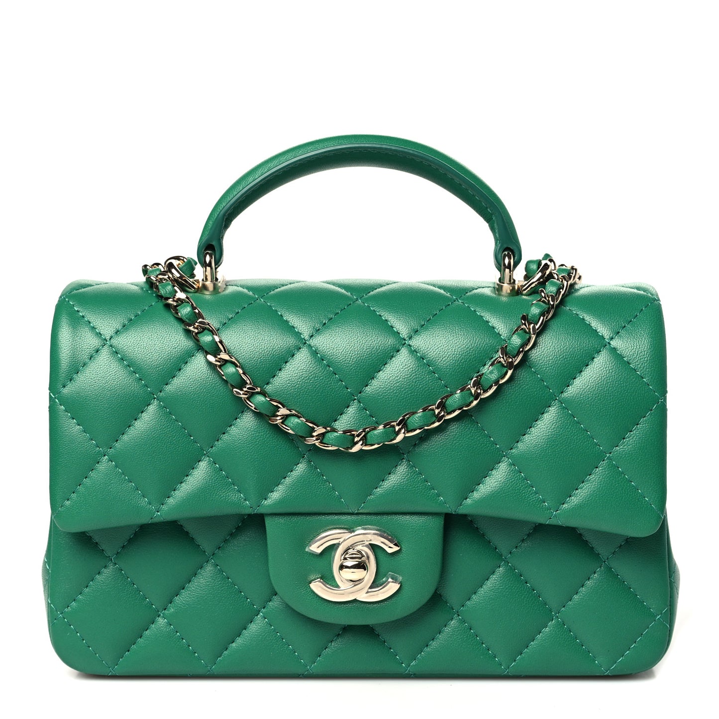 Lambskin Quilted Mini Top Handle Rectangular Flap Green
