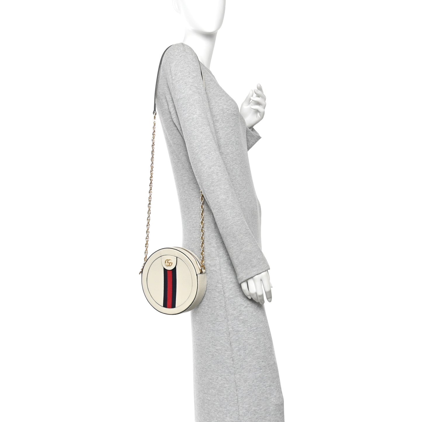 Textured Calfskin Web Mini Ophidia Round Shoulder Bag Mystic White