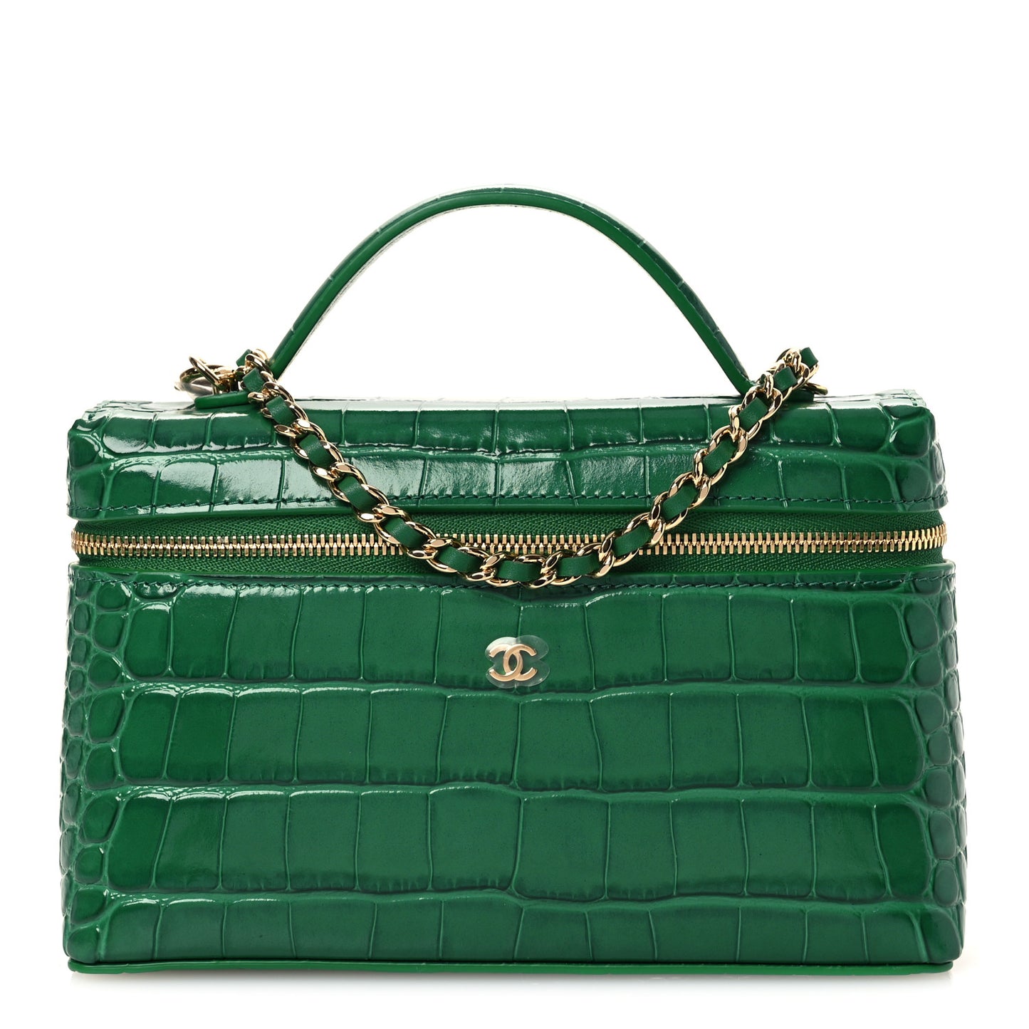 Calfskin Crocodile Embossed Crococo Top Handle Slim Vanity Case With Chain Green