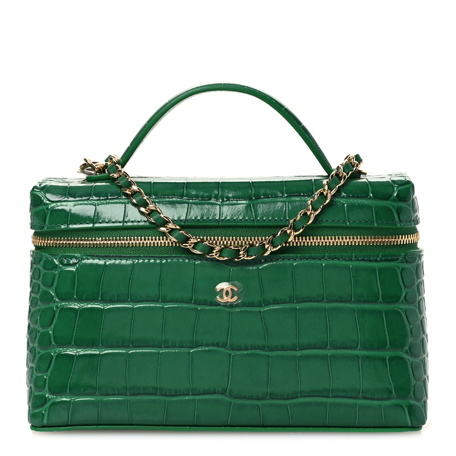 Chanel Calfskin Crocodile Embossed Crococo Top Handle Slim Vanity Case With Chain Green 1 of 13