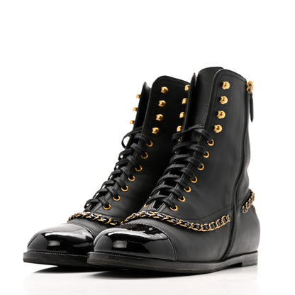 Chanel Calfskin Chain Lace Up Boots 38.5 Black 4 of 12