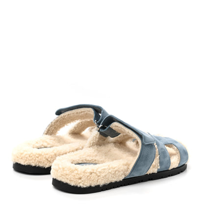 Hermes Suede Goatskin Woolskin Womens Chypre Sandals 39 Bleu Pinede Ecru 5 of 10
