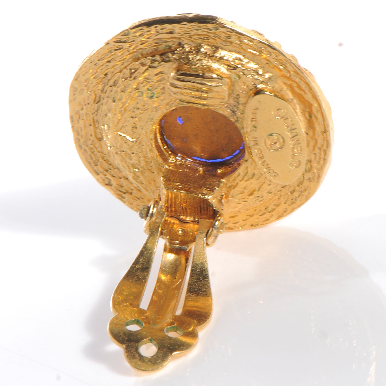 Chanel Poured Glass CC Clip On Earrings Gold Blue 4 of 5