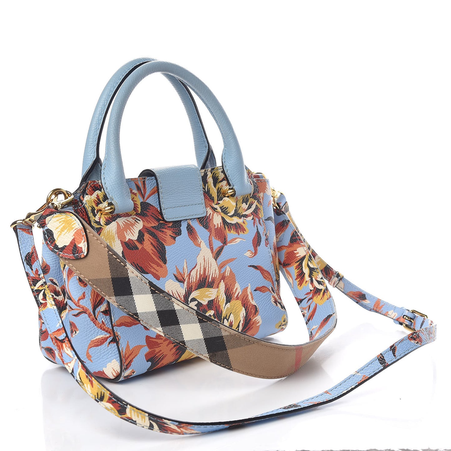Soft Grain Calfskin Floral Print Small Buckle Tote Peony Rose Pale Blue Vibrant Orange
