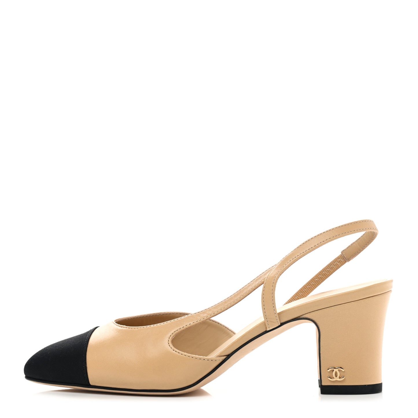 Goatskin Grosgrain Cap Toe CC Slingback Pumps 37 Beige Black