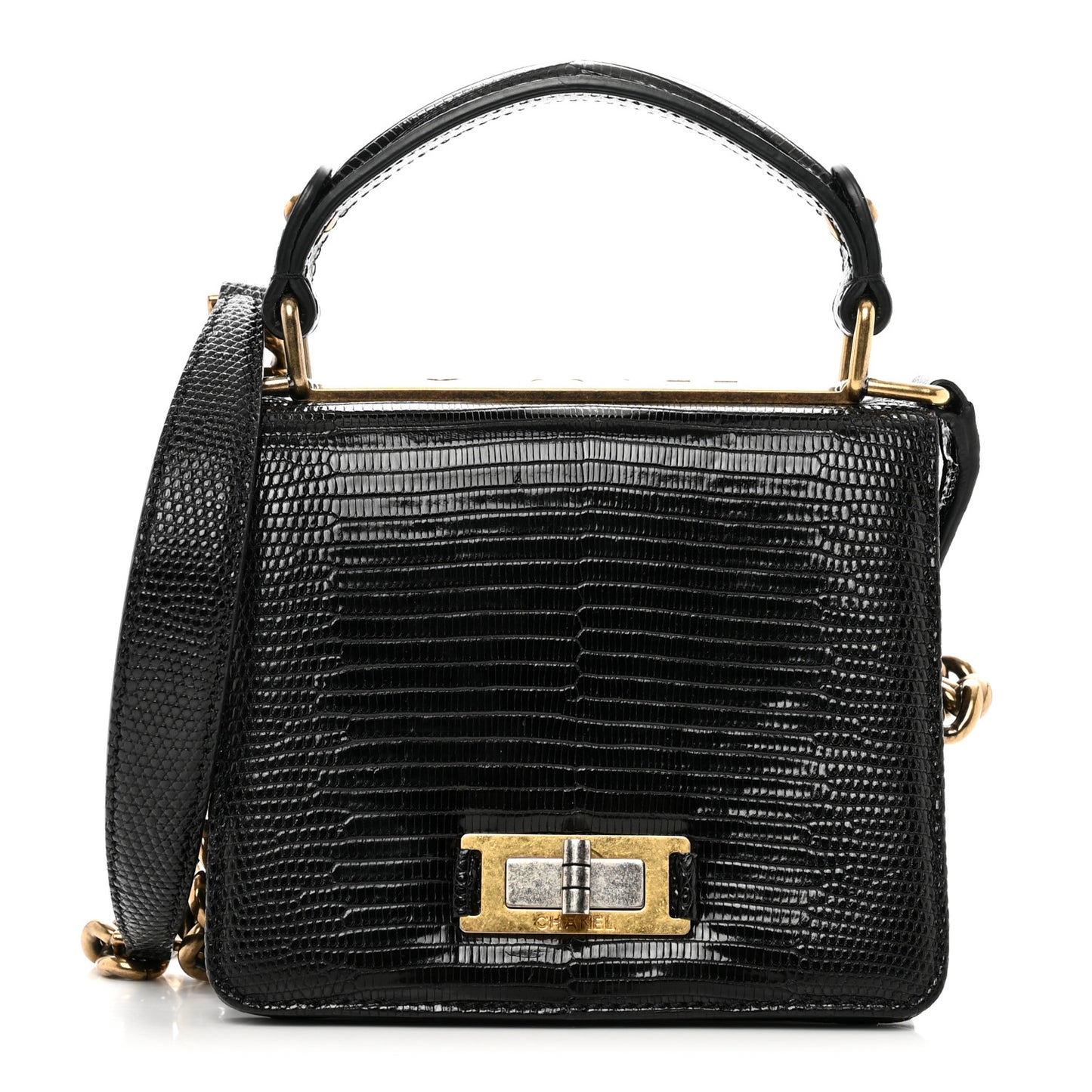Lizard Mademoiselle Lock Top Handle Crossbody Flap Black