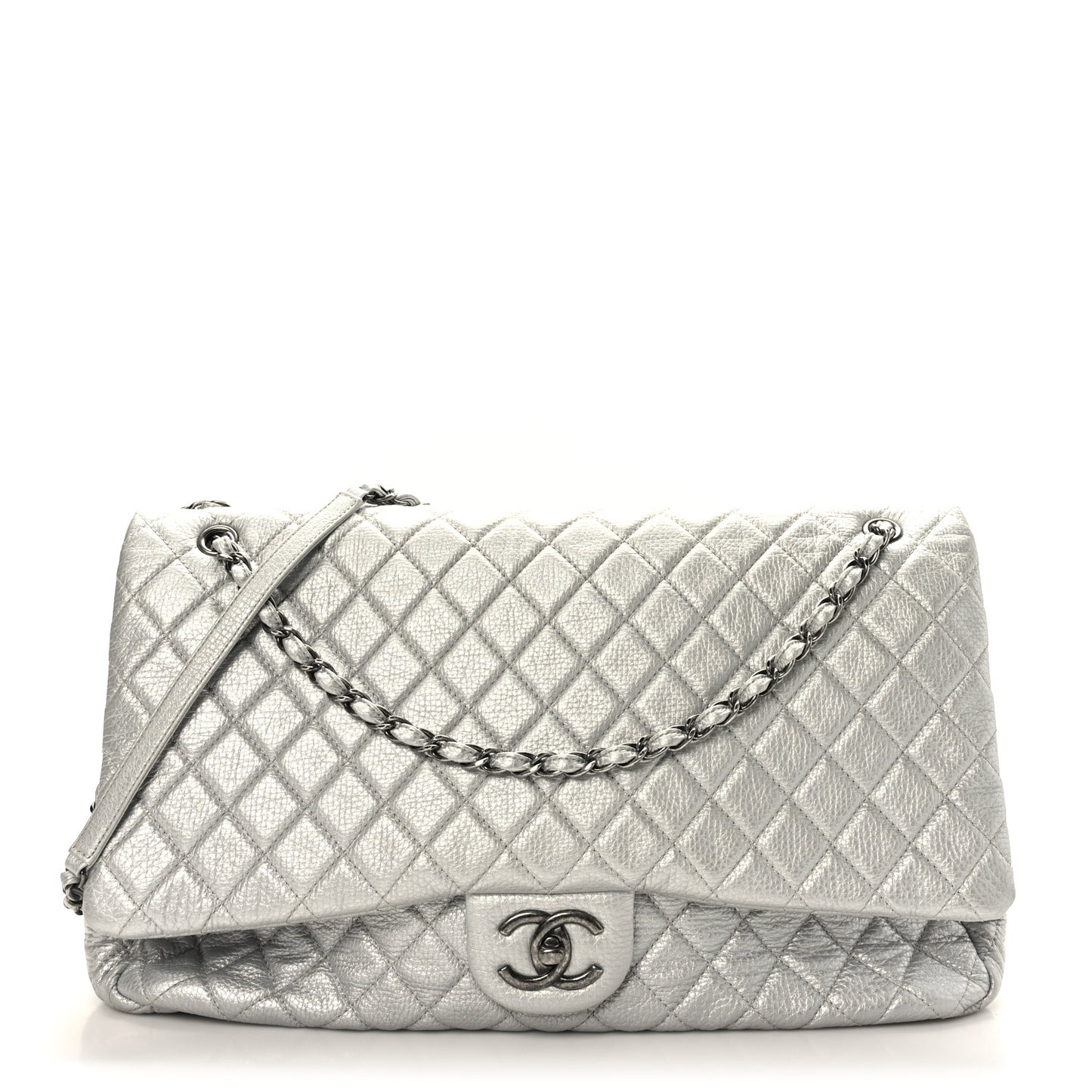 Metallic Calfskin Quilted Small XXL Travel Flap Bag Silver