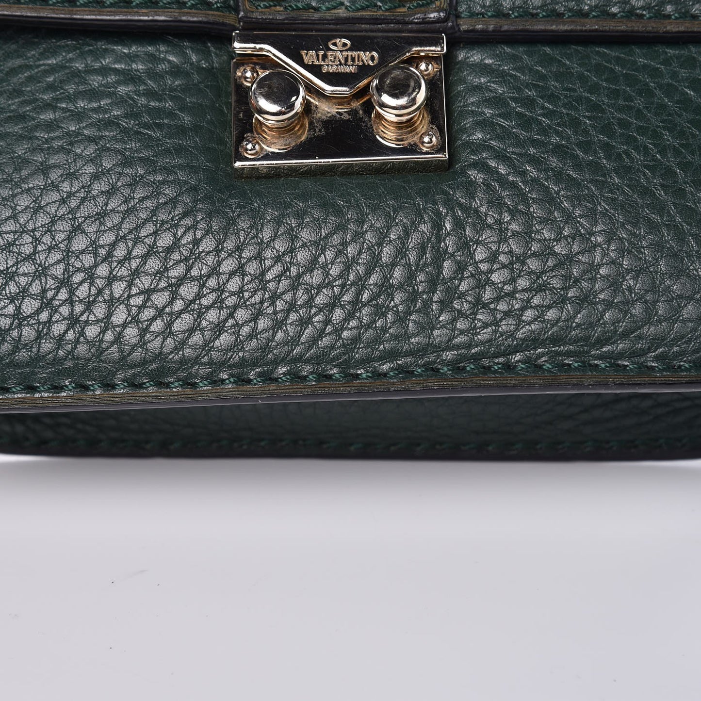 Pebbled Calfskin Small Glam Lock Rockstud Flap Dark Green