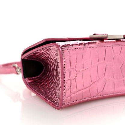 Balenciaga Metallic Shiny Calfskin Crocodile Embossed Hourglass Top Handle Bag XS Pink 9 of 10