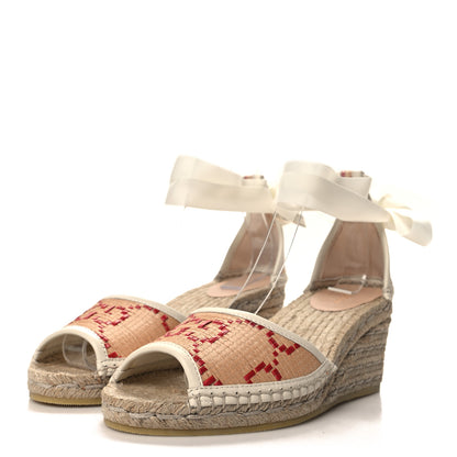 Gucci GG Raffia Monogram Ankle Wrap Platform Espadrille Wedge Sandals 37 Beige 3 of 9