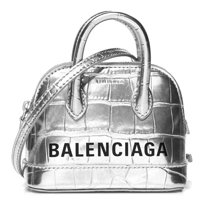 Balenciaga Metallic Calfskin Logo Crocodile Embossed Mini Ville Top Handle Bag Silver Black 1 of 10