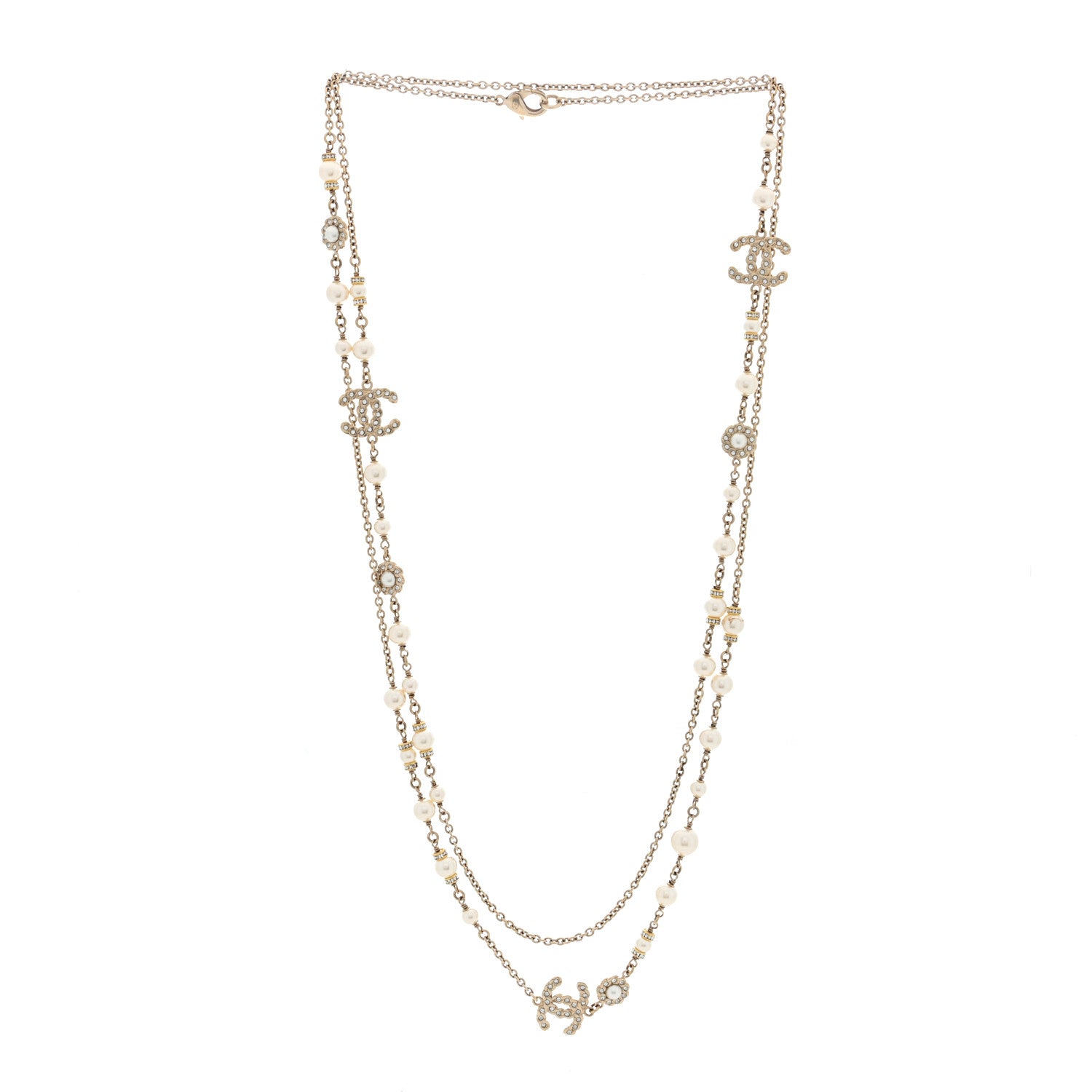 Chanel Pearl Crystal CC Long Necklace Gold 4 of 10