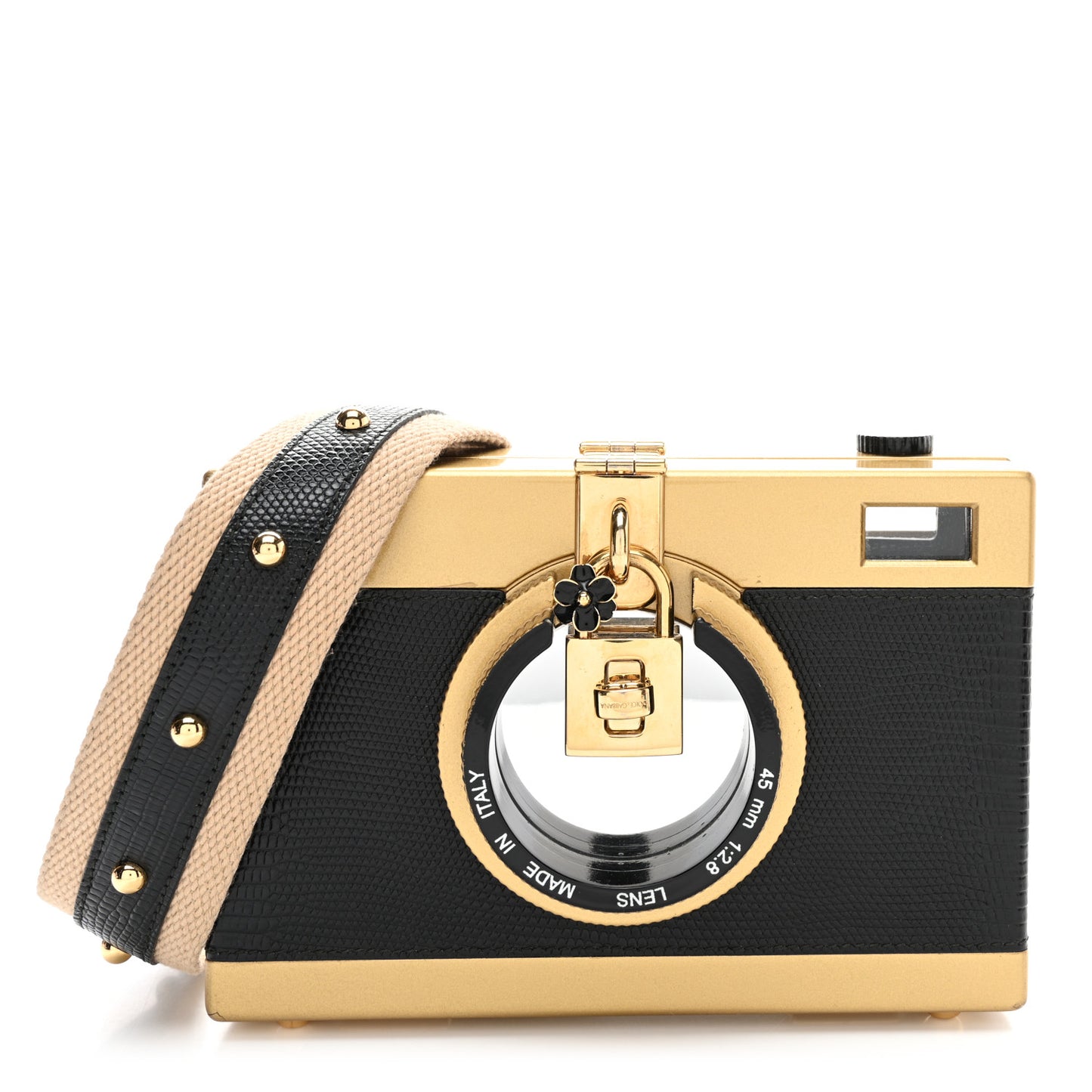 Lizard Camera Shoulder Bag Black Gold