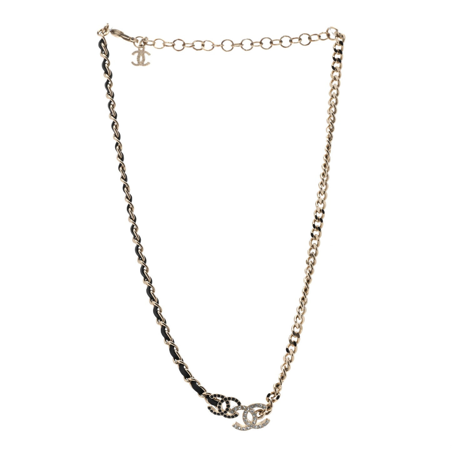 Metal Calfskin Crystal Double CC Short Necklace Black Gold