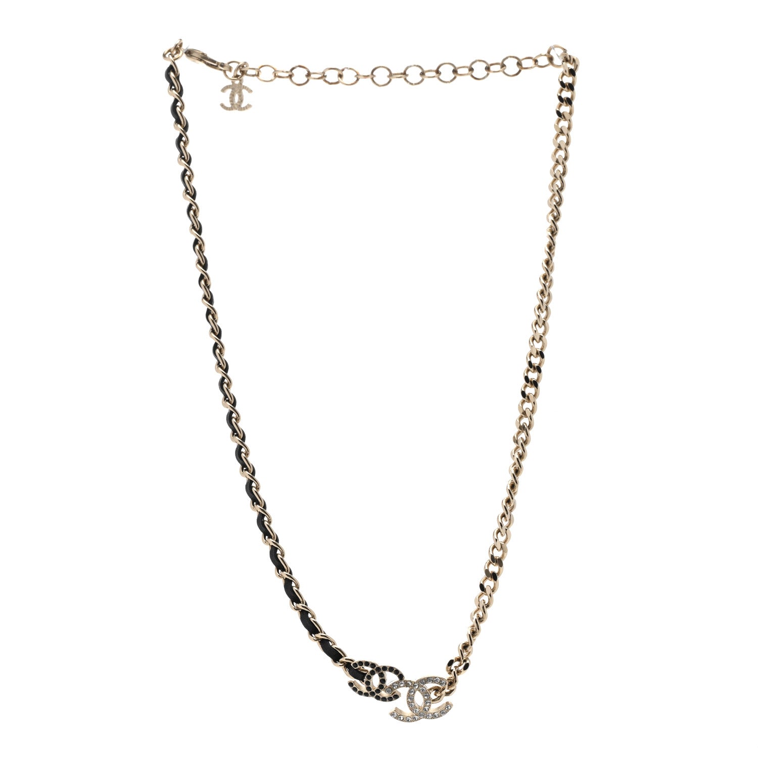 Chanel Metal Calfskin Crystal Double CC Short Necklace Black Gold 3 of 6