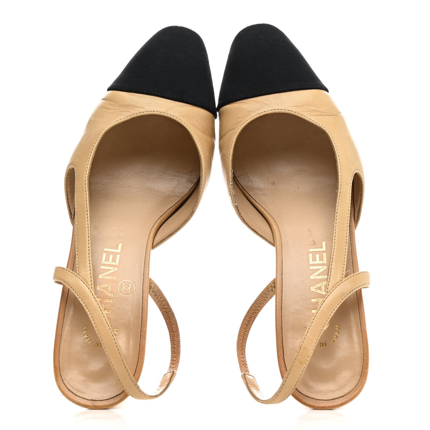 Goatskin Grosgrain Cap Toe CC Slingback Pumps 36 Beige Black