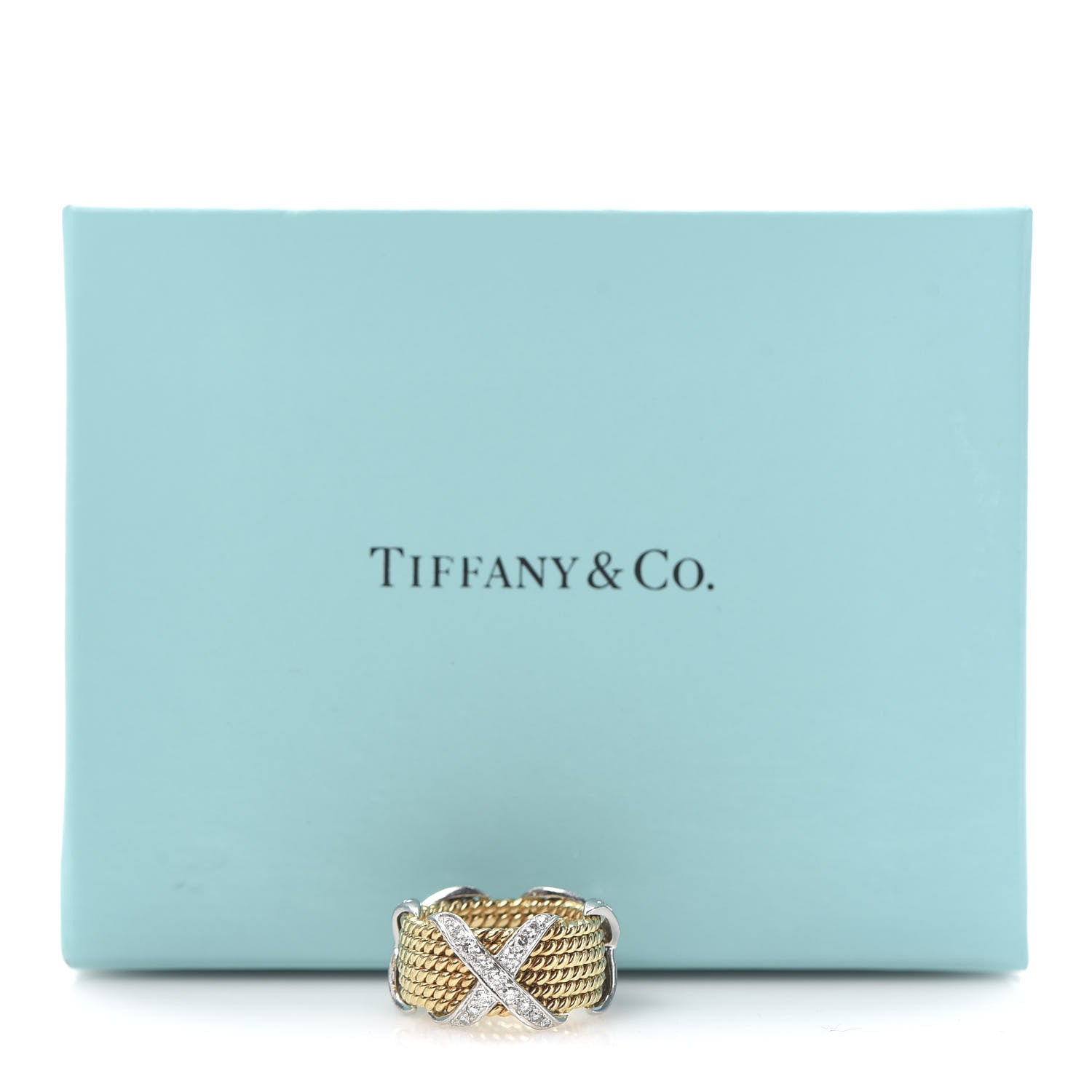Tiffany 18K Yellow White Gold Diamond Schlumberger Rope Six Row X Ring 49 4.75 5 of 5