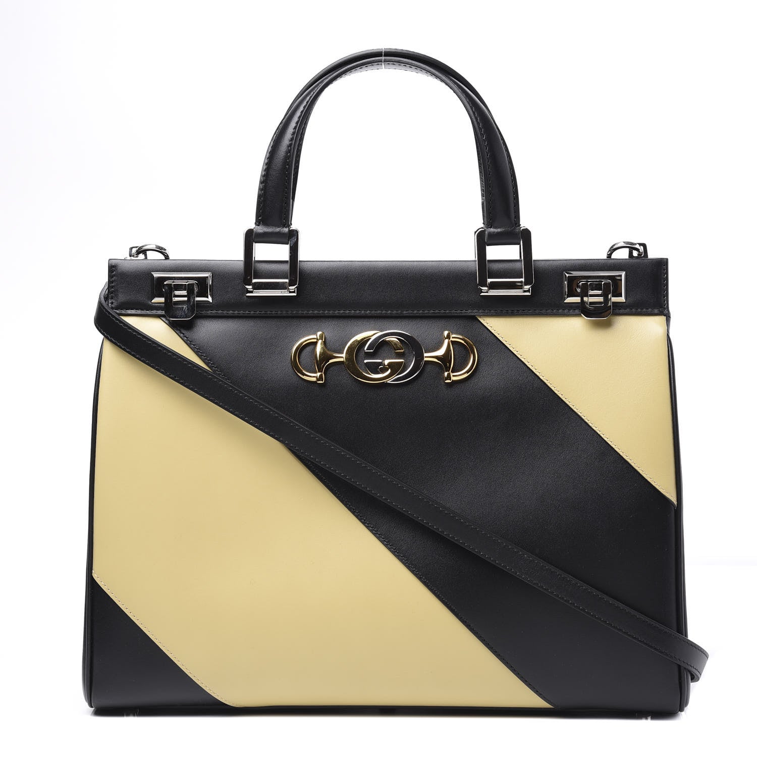 Gucci Smooth Calfskin Diagonal Striped Medium Zumi Top Handle Bag Black Beige 1 of 12