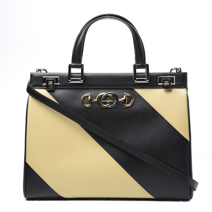 Gucci Smooth Calfskin Diagonal Striped Medium Zumi Top Handle Bag Black Beige 1 of 12