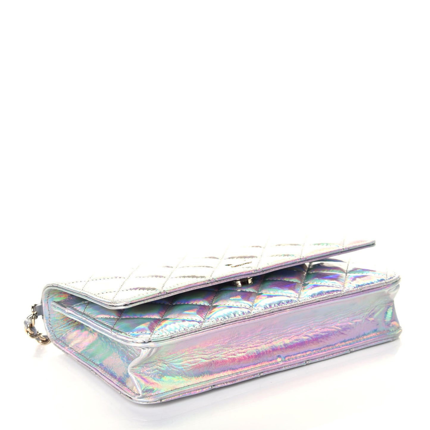 Iridescent Goatskin Quilted Wallet On Chain WOC Silver