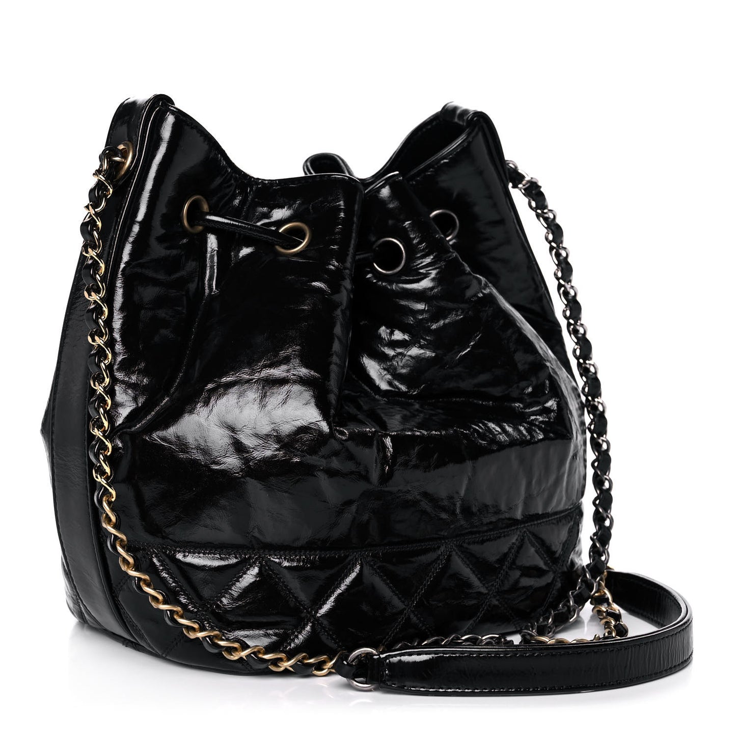 Shiny Aged Calfskin CC Chain Drawstring Bag Black