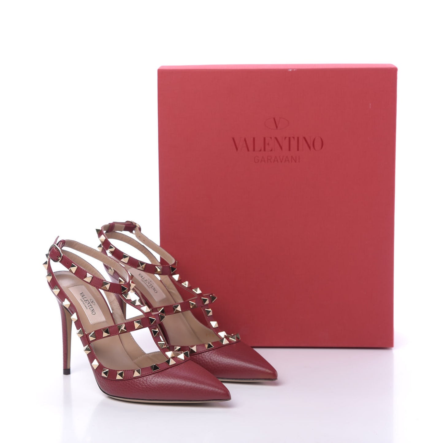 Pebbled Calfskin Rockstud Ankle Strap Pumps 37.5 Rubino