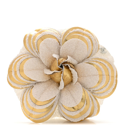 Chanel Tweed Laminated Lambskin Camellia CC Pin Brooch Ivory Gold 1 of 4