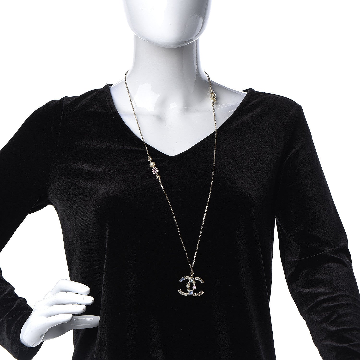Chanel Crystal CC Pendant Necklace Gold Multicolor 2 of 5