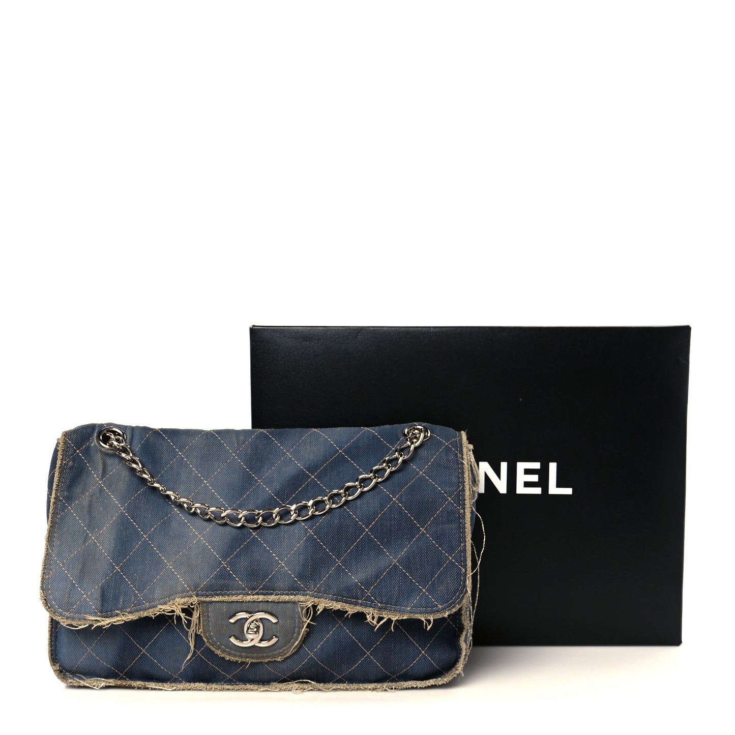 Denim Quilted Jumbo Pompom Flap Dark Blue