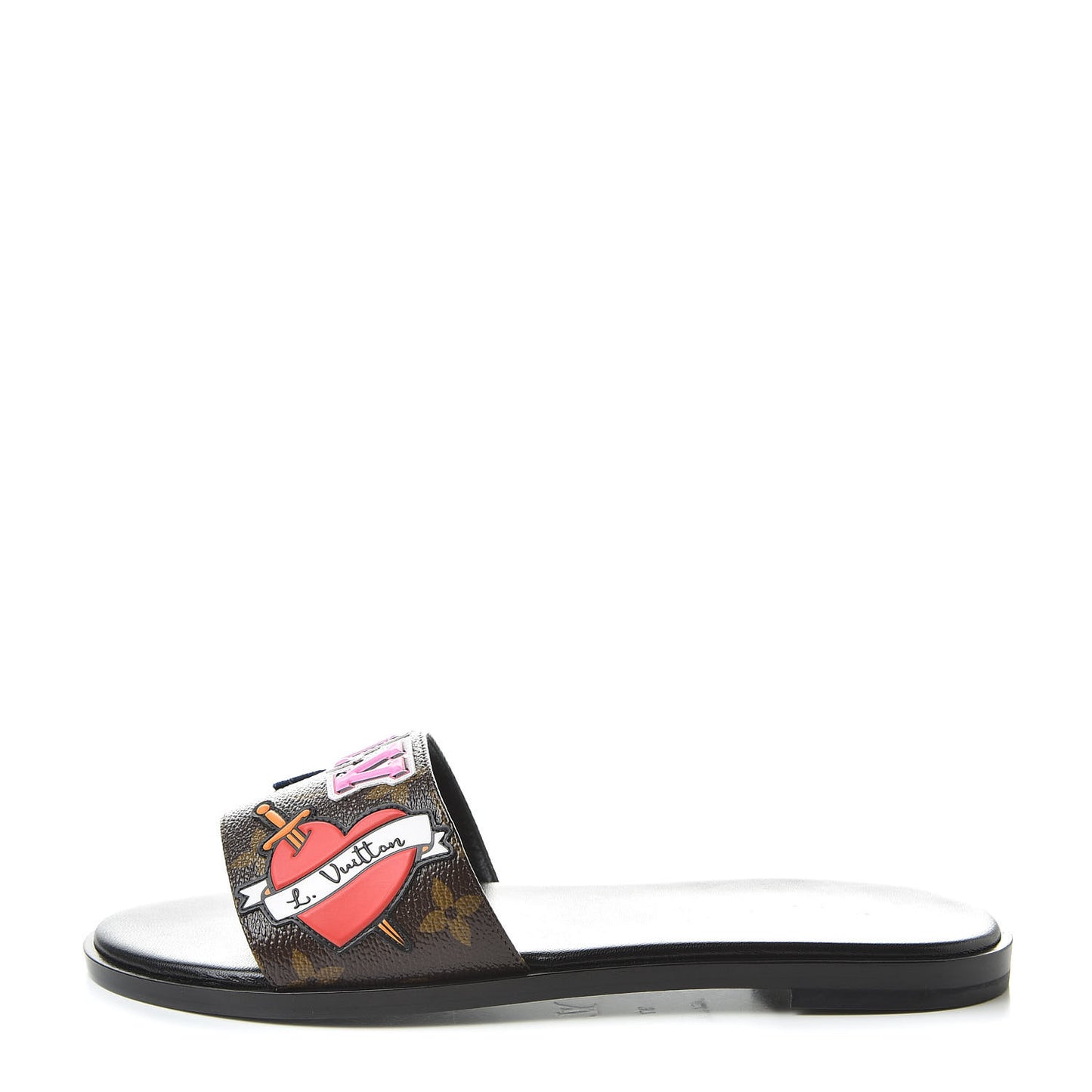 Patent Calfskin Monogram LV Black Heart Flat Mules 37 Cacao