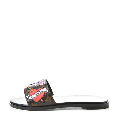 Louis Vuitton Patent Calfskin Monogram LV Black Heart Flat Mules 37 Cacao 1 of 8