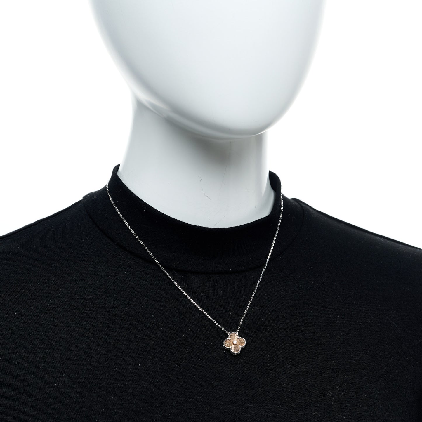 18K White Rose Gold Diamond Guilloche Vintage Alhambra Pendant Necklace
