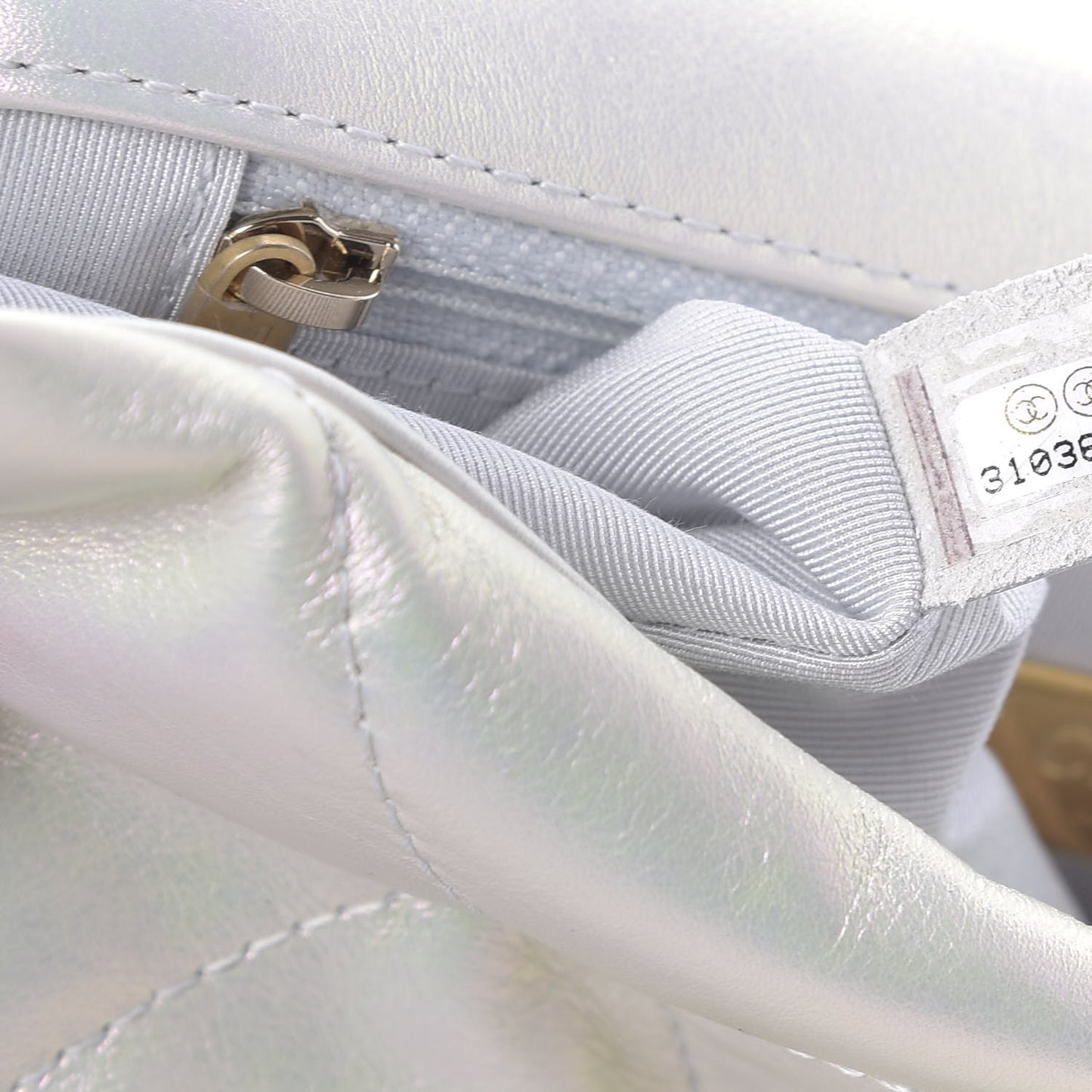 Iridescent Calfskin Quilted Medium 19 Flap White
